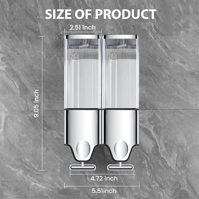 2-in-1 Quadrate Dispensers for The Shower,Shower soap Dispenser,Conditioner Dispenser, Shampoo Dispenser,No Drilled Wall Mounted Distributor,Hotel,Bathroom,Home