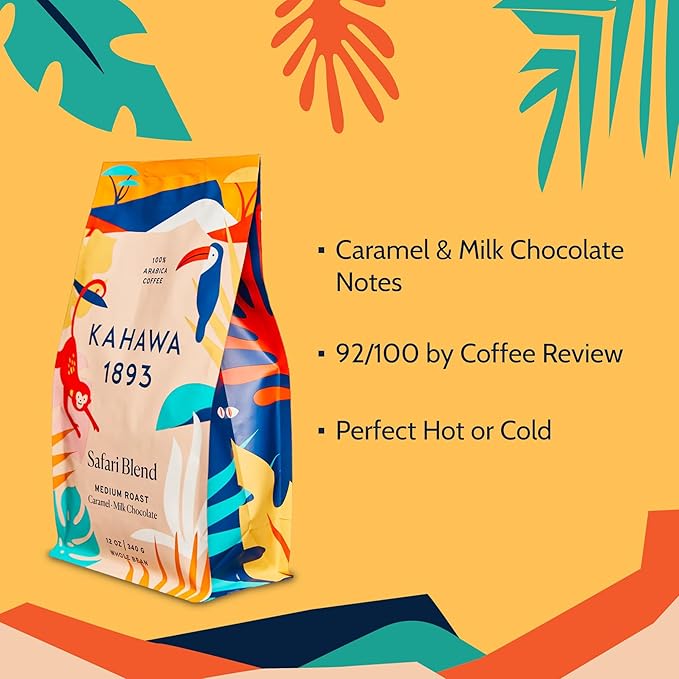 Kahawa 1893 Whole Bean Coffee Medium Roast Safari Blend 12 Oz - As Seen on Shark Tank, High Antioxidants, Naturally Sweet, Organically Grown, Ethically & Sustainably Sourced