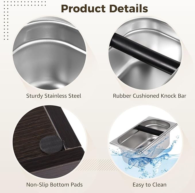 Stainless Steel Espresso Knock Box, Large Capacity Coffee Grounds Container with Removable Inner Tank, Rubber Knock Bar, Anti-Slip Base, Barista Coffee Accessories for Home and Cafe Use