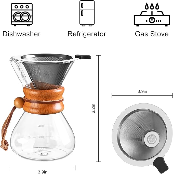 Pour Over Coffee Maker with Stainless Steel Filter, Pour Over Coffee,Pour Over Coffee Dripper, 13.5 OZ, Drip Coffee Maker, High Heat Resistant Carafe, also for Camping, Hiking