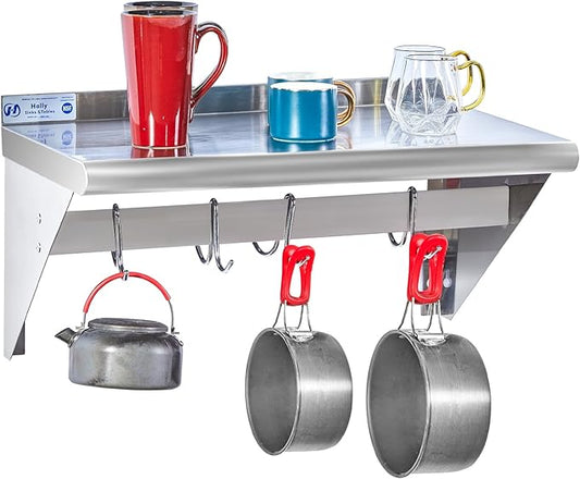 Hally Stainless Steel Shelf with 4 Hooks 14" x 24" Wall Mounted Pot Rack 250lb, NSF Commercial Floating Shelving for Storage Hanging Pots, Pans, cookware in Restaurant, Kitchen, Home and Hotel