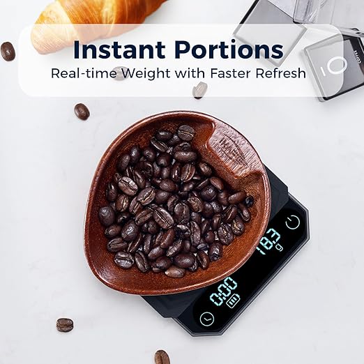 IKAPE Mini Digital Coffee Scale with Timer, 2kg/0.1g Precision, Rechargeable, Drip Espresso & Pour-Over, Tare Function, LED Display (Deep Black)