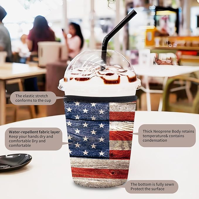 3 Pack Reusable Neoprene Insulator Sleeve for Iced Coffee Cups, Funny Coffee Cup Sleeves for 16-32oz Coffee cups, Cute Drink Sleeve for Cold Hot Beverages Cute Flag