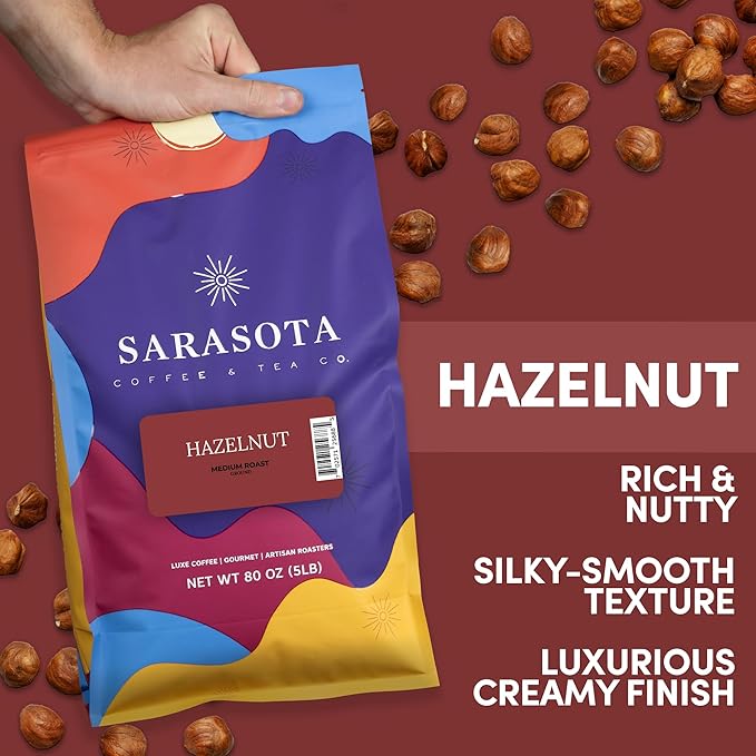 Sarasota Coffee Ground Hazelnut | Medium Roast Gourmet Flavored Coffee Grounds | Low Acid, Mold Free, Specialty Grade, Flavored Bulk Ground Coffee | 5lb (80 oz)