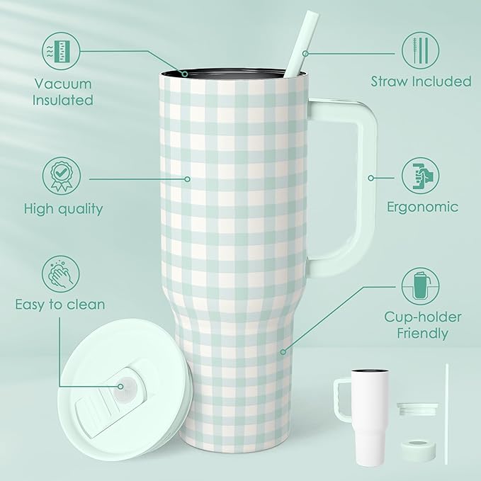 Mint Gingham 40oz Slider Tumbler with Handle and Straw - Insulated Stainless Steel Travel Coffee Mug for Women Girls, Gift for Birthday, Christmas