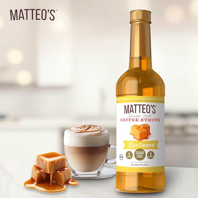 Matteo's Caramel Syrup for Coffee, Lattes, Cappuccinos & Desserts – Sugar-Free Sweetener for Beverages, Keto Friendly, Zero Calories, Indulgent Flavor, Non-Alcoholic, Ideal for Coffee 33.8oz (6pk)