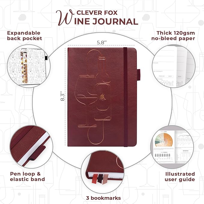 Clever Fox Wine Journal for Wine Tasting – Guided Wine Diary & Log Book with Tasting Instructions, Aroma Wheel, Food Pairing & Glass Guide – 132 Entries, Hardcover, A5 Size (Burgundy)