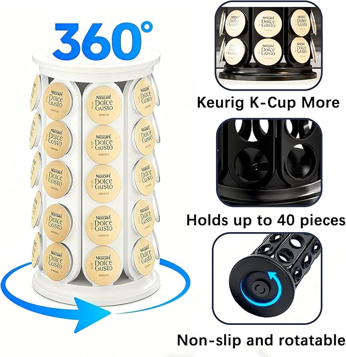 Holder Organizer for 40 Capsules,Rotary Carousel Storage Rack with Detachable Base,Space-Saving for Kitchen,Office,Countertop,or Coffee Station,Modern Design
