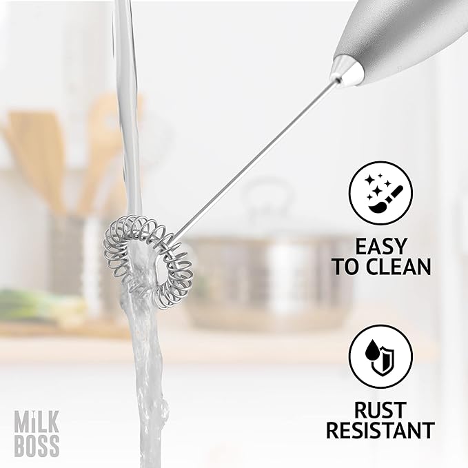 Milk Boss Matcha Whisk - Handheld Electric Stirrer - Frother Wand & Drink Mixer - Durable Stainless Steel Blender - Silver Comfortable Grip