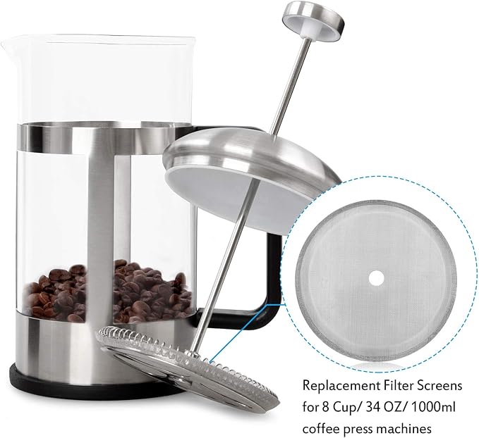 Boao 24 Packs French Press Replacement Cafetiere Filter Mesh Screen Coffee French Press Filters, 4 Inch Stainless Steel Reusable, for 8 Cup/ 34 OZ/ 1000 ml Coffee Tea Makers