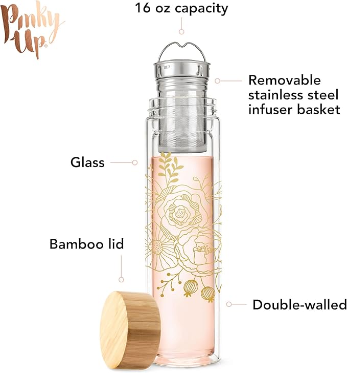 Pinky Up Blair Travel Infuser Mug, Double-Walled Glass, Stainless Steel Strainer, 16 Oz, Bouquet