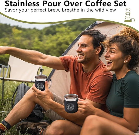Stainless Steel Pour Over Coffee Maker Set, Outdoor Coffee Dripper, Reusable Coffee Filter&Insulated Camping Mug (16oz), for Hiking, Camping&Outdoor Adventures, Rinse-clean&Portable -Black