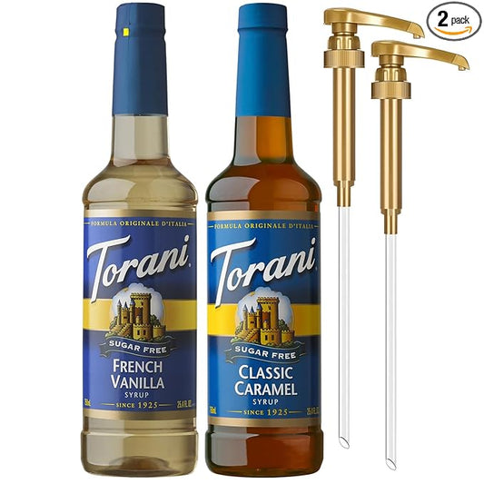 Torani Sugar Free Classic Caramel Syrup and Sugar Free French Vanilla Syrup Variety 2-Pack, Coffee Syrups for Drinks, Pumps Included, 25.4 Fl Oz Ea
