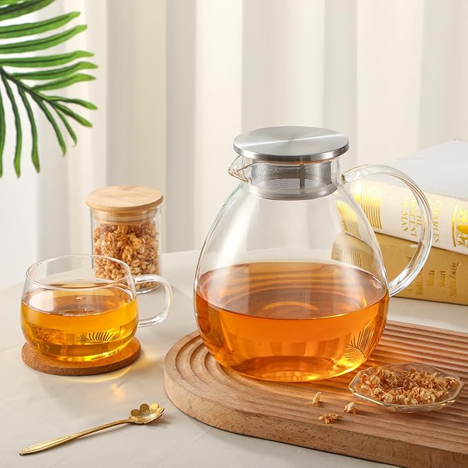 GURUDAR 68OZ/2000ML One Touch Glass Teapot with Stainless Steel Filter Lid, Stovetop & Microwave Safe Tea Maker Water Kettle, Strainer & Cover 2 in 1 Loose Leaf Tea Steeper Pot Coffee Carafe