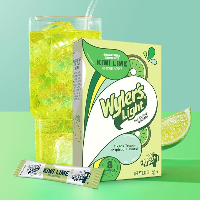 Wyler's Light Singles To Go Powder Packets, Water Drink Mix, Watertok Kiwi Lime, 96 Servings, 8 Count x Pack of 12