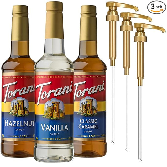 Torani Syrups, Classic Caramel, Hazelnut, and Vanilla Syrup Variety 3-Pack, Coffee Syrups for Drinks, Pumps Included, 25.4 Fl Oz Ea