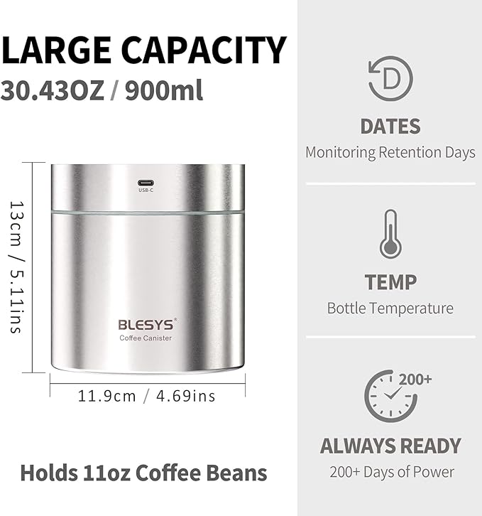 Smart Vacuum Coffee Canister, Automatic Stainless Steel Food Storage Container, LCD Monitoring, One-touch Freshness, Date Tracker, Extra-long Standby Time, holds 11oz Coffee Beans (Silver, 0.9L)