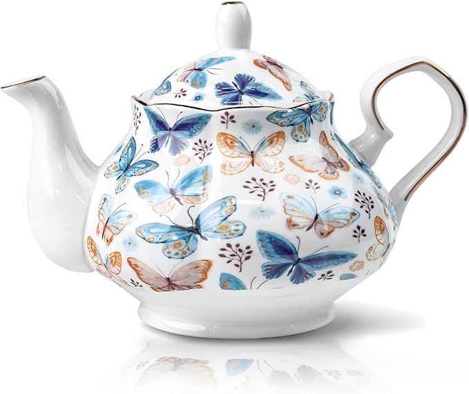 33.8 oz Porcelain Tea Pot Luxury Gold Trim Floral Ceramic Teapot Waterpot Tea Maker for Blooming Loose Leaf Tea Coffee Milk Chrismas Women Gift Housewarming Home Kitchen Décor (Butterfly)
