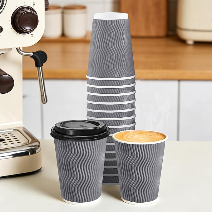 BYSNOW 50 Pack 12 oz Coffee Cups with Lids, Disposable Insulated Hot Cups To Go Paper Coffee Cups, Corrugated Ripple Wall Cup for Hot Drink, Office, Coffee Bar (Grey 12 oz)