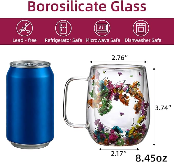 Dried Flowers Double Wall Insulated Coffee Mug, Borosilicate Glass Tea Cup with Real Flower Embedded, Heat Resistant Handle for Valentine's Day Birthday Gifts (pink,8.45oz)