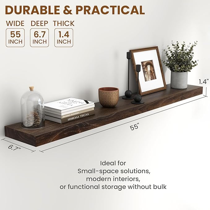 55 inch Floating Shelves for Wall, Rustic Solid Elm Wood Floating Shelf, Wall Mounted Long Wall Shelves for Bedroom, Kitchen, Living Room and Bathroom, Real Dark Wood Shelf for Home, Walnut