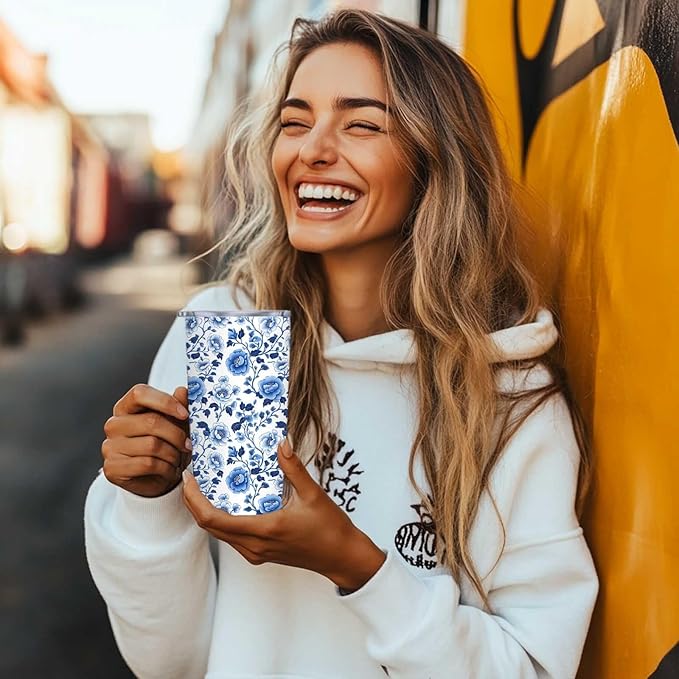 Blue Floral Tumbler 20 oz | Stainless Steel Travel Tumbler with Lid and Straw | Flower Coffee Mug for Hot & Cold Drinks | Gift for Mom Grandma | Vintage Tea Cup