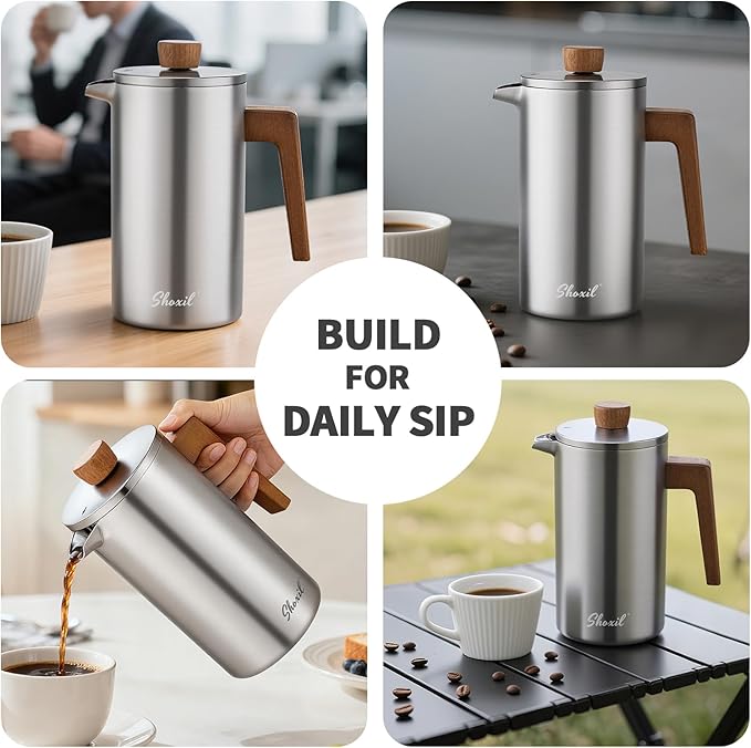 shoxil French Press Coffee Maker, 34oz Stainless Steel Coffee Press Real Wood Handle, Double Wall Insulated French Coffee Press with Dual-Filter Screen, Perfect for Camping & Kitchen Use