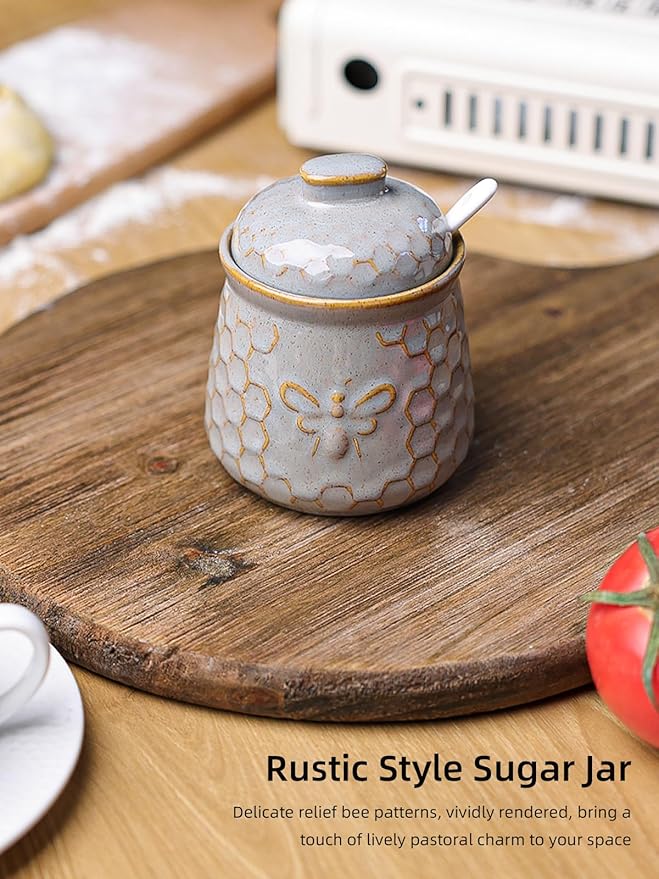 GDCZ Ceramic Sugar Bowl with Lid and Spoon, Honey Containers for Storing Syrup, Farmhouse Kitchen Decor, 10 Oz (Grey)