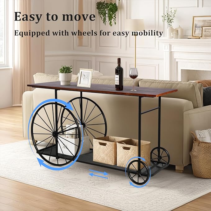 Vintage Industrial Console Table with Wagon Wheel Design, Rustic Wood Top with Metal Frame, 59.1 x 15.75 x 32.28 Inches, Storage Shelf Sofa Table