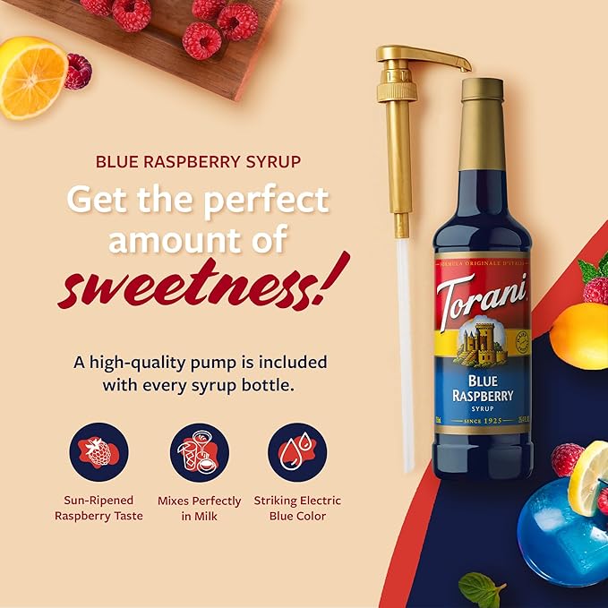 Torani Blue Raspberry Syrup for Drinks, Flavoring for Iced Tea, Lemonade, and Sodas, Pump Included, 25.4 Oz