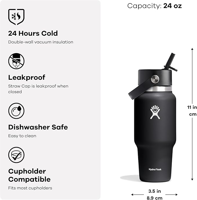 Hydro Flask Travel Water Bottle - Insulated Stainless Steel - Wide Straw Lid, Non Spill, Leakproof in 24 Oz Reef Pink