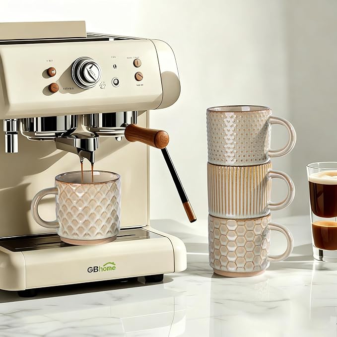 GBhome 8OZ Stackable Coffee Mugs, Ceramic Coffee Mugs with Texture Patterns for Man,Woman,Dad,Mom, Modern Coffee Cups Set of 4 for Espresso/Cappuccino. Dishwasher&Microwave Safe