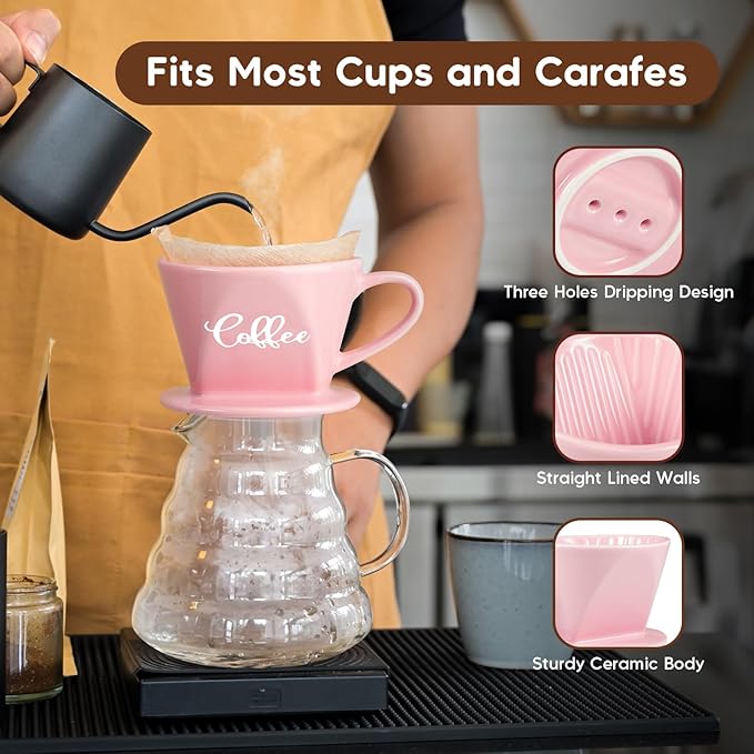 Pour Over Coffee Maker, Ceramic Pour Over Coffee Dripper, Manual Brew Maker, Pink Kitchen Decor and Accessories, Single Cup Porcelain Slow Brewing Accessories for Cafe Coffee Bar