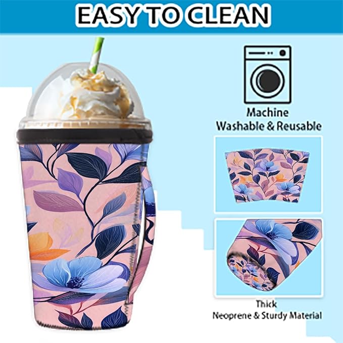 Reusable Iced Coffee Cup Sleeve Blue Flowers Leaves Neoprene Insulated Sleeves Cup Holder with handle Idea for 30oz - 32oz