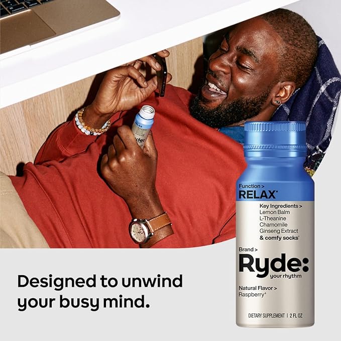 Ryde: Relax Shot | Raspberry Flavor | Lemon Balm, L-Theanine, Ginseng & Chamomile |0 Calories, 0 Sugar | 2 FL OZ Shots | Helps You Relax* (24 Pack)