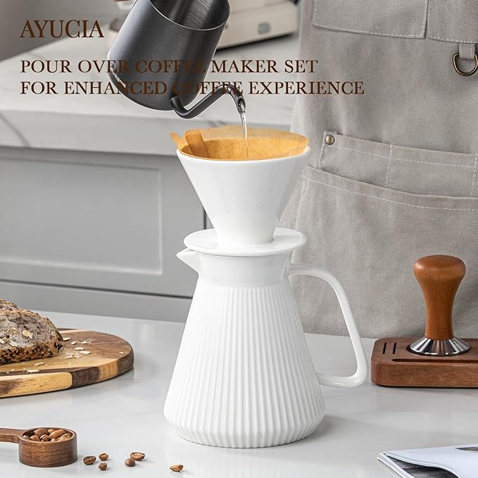 Pour Over Coffee Maker Set, Ceramic Coffee Dripper with Pot Set, 22OZ White Cream Pour Over Coffee Brewer for Home Café Restaurant Camping, Size 02