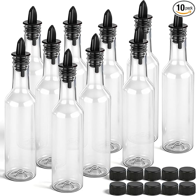 Tioncy 10 Sets 10oz Plastic Liquor Bottles with Pourers Sets 10 Plastic Long Neck Syrup Bottles with Pourer and Caps Reusable Leakproof for Home Party Bar(Black)