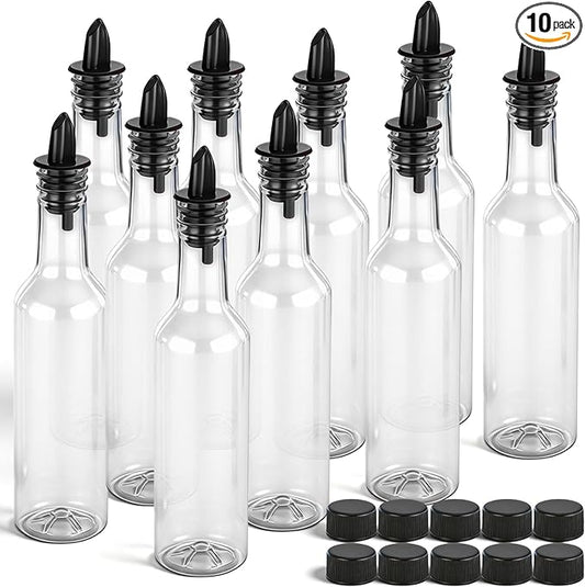 Tioncy 10 Sets 10oz Plastic Liquor Bottles with Pourers Sets 10 Plastic Long Neck Syrup Bottles with Pourer and Caps Reusable Leakproof for Home Party Bar(Black)