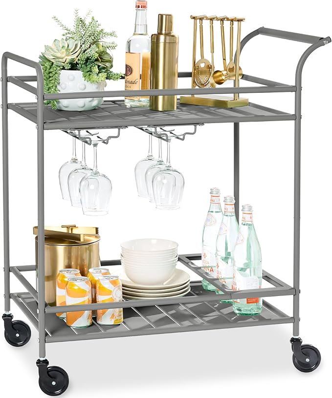 Best Choice Products Rolling Bar Cart, Mobile Home Bar Serving Cart, Serving Station w/ 2 Tier Shelves, Wine Rack, Lockable Wheels - Gray