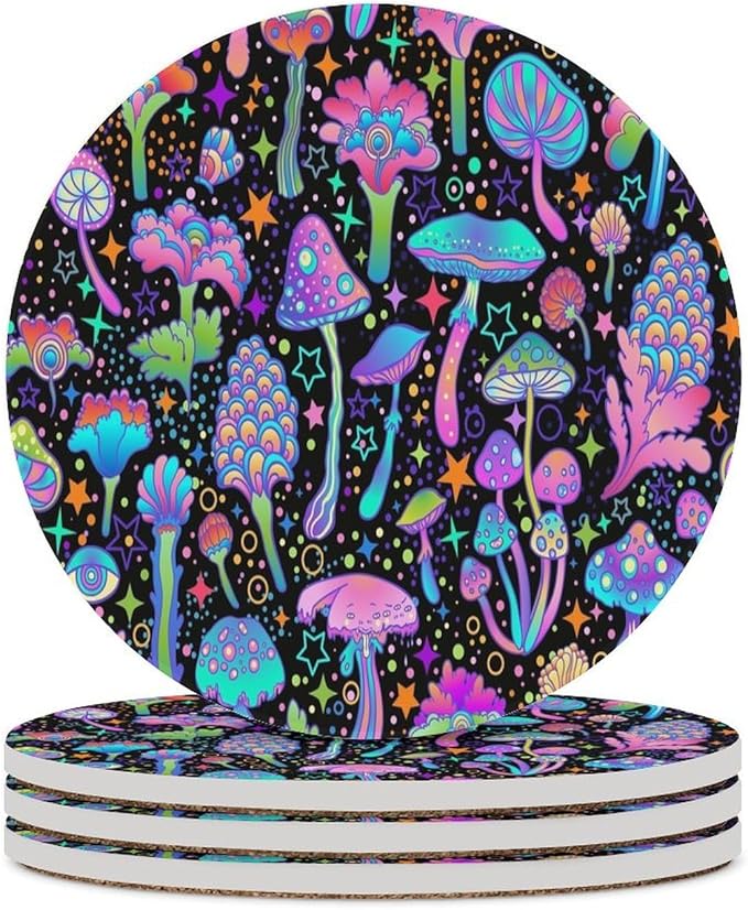 Botanical Drink Coasters, Round Ceramic Drink Coaster Round-4PCS, Psychedelic Fantasy Magic Colorful Trippy Botanical Mushrooms Decor Absorbent Ceramic Coasters for Beverage Cup, Bar, Coffee Table