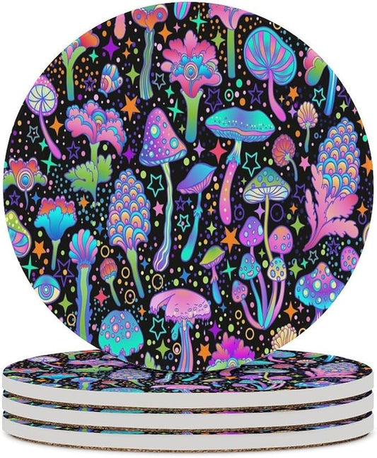 Botanical Drink Coasters, Round Ceramic Drink Coaster Round-4PCS, Psychedelic Fantasy Magic Colorful Trippy Botanical Mushrooms Decor Absorbent Ceramic Coasters for Beverage Cup, Bar, Coffee Table