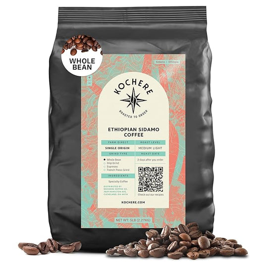 Ethiopian Sidama Ground Coffee - Single Origin Medium Light Roast, Freshly Roasted To Order Ground Coffee, Specialty Grade, Fair Trade and Non-GMO, Chocolate and Fruity Notes - 5LB