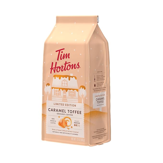 Tim Hortons 12oz Ground Bag, Caramel Toffee Flavored 100% Arabica Coffee (Pack of 2)