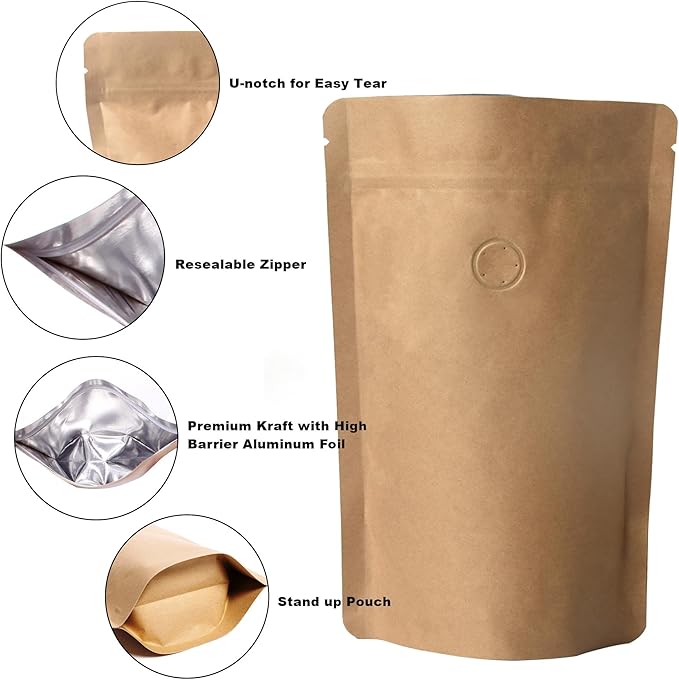 100 Pack Kraft Coffee Bags with Zipper Lock, High Barrier Resealable Stand Up Coffee Pouches, Degassing Valve for Coffee, Size for 12oz/340 Grams Beans or Grounded