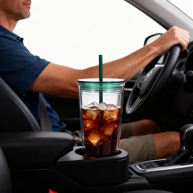 24oz Tumbler with Lid and Straw, Leak Proof and Double Wall Insulated Reusable Plastic Cups,Travel Reusable Iced Coffee Cup (1, Green)