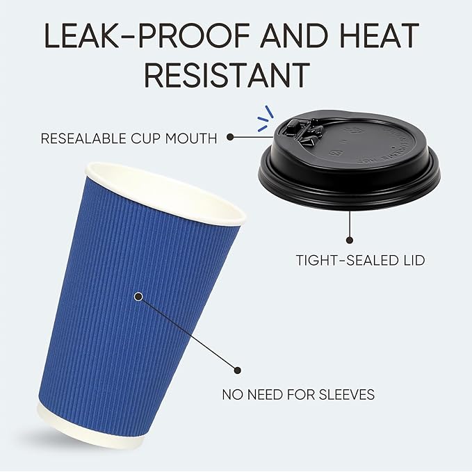 Coolcap 100 Pack 16 oz Disposable Coffee Cups with Lids and Straws, Insulated Ripple Wall To Go Paper Corrugated Cups, Bulk for Hot/Cold Drinks, Cafe Bar, Office, Chocolate, Cocoa (Navy)