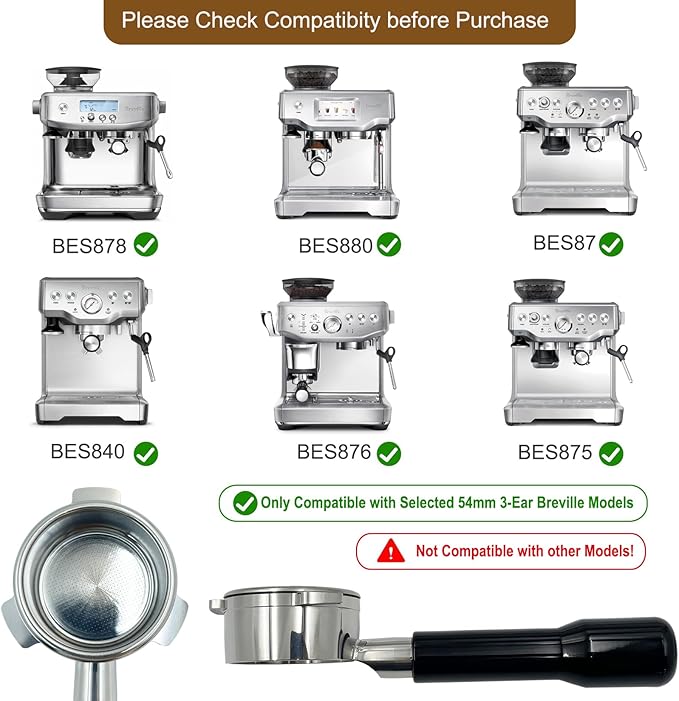 Bottomless Portafilter, 54mm, with Filter Basket and Puck Screen for Breville Barista Express, 3 Ears Stainless Steel, Black Handle