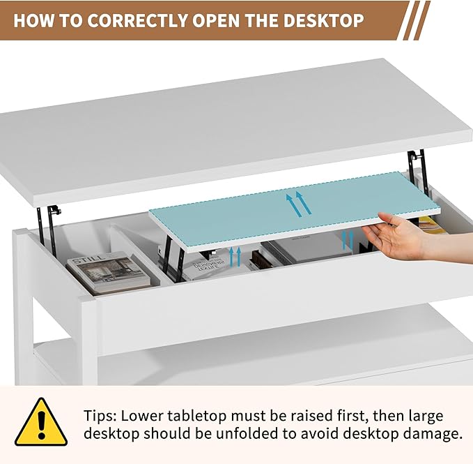 42'' Lift Top Coffee Table, 4-in-1 Multifunctional Lift Coffee Table with Storage & Hidden Compartments, Farmhouse Coffe Table with Lifting top for Living Room, Dining Reception Room, White