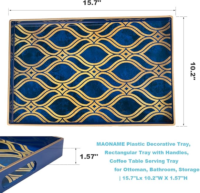 MAONAME Blue Decorative Tray with Handles, Plastic Serving Tray for Coffee Table, Marbling Rectangular Tray for Ottoman, Bathroom, Storage, 15.7" Lx 10.2" W X 1.57" H