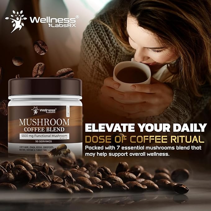 Mushroom Coffee, 90 Servings Organic Mushrooms Instant Coffea, Great Tasting Colombian Keto Coffee, 7 Superfood Mishrooms Lions Mane, Chaga, Reishi, Cordyceps, Maitake, Shiitake, and Turkey Tail - Pack of 2